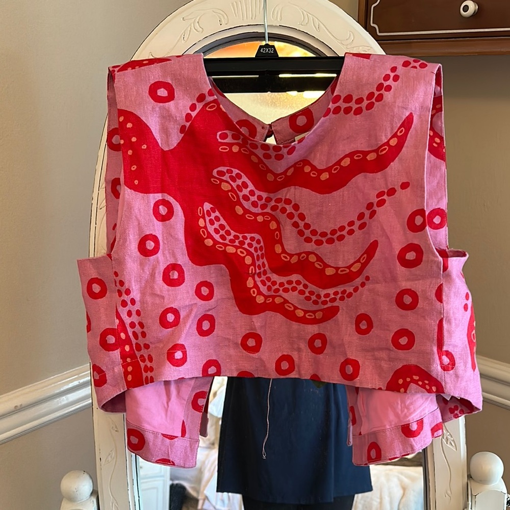FARM Rio Pink and Red Sleeveless Crop Top with Bateau Neckline and Boxy Style